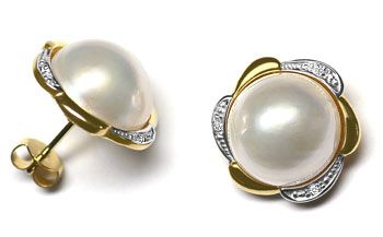 Foto 1 - Ohrringe mit 13mm Mabe Perle und Diamanten 14K Gelbgold, S3622
